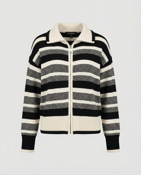 Kurze Strickjacke mit maritimen Blockstreifen Reißverschluss und Schalkragen R&B