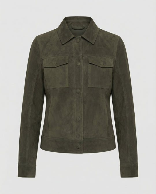 Kurze Velourslederjacke im Utility-Stil mit aufgesetzten Klappentaschen und bezogenen Knöpfen R&B