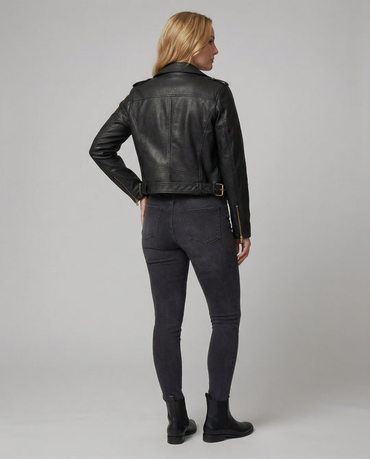 Kurze taillierte Biker-Lederjacke mit Reverskragen und Taillengürtel R&B