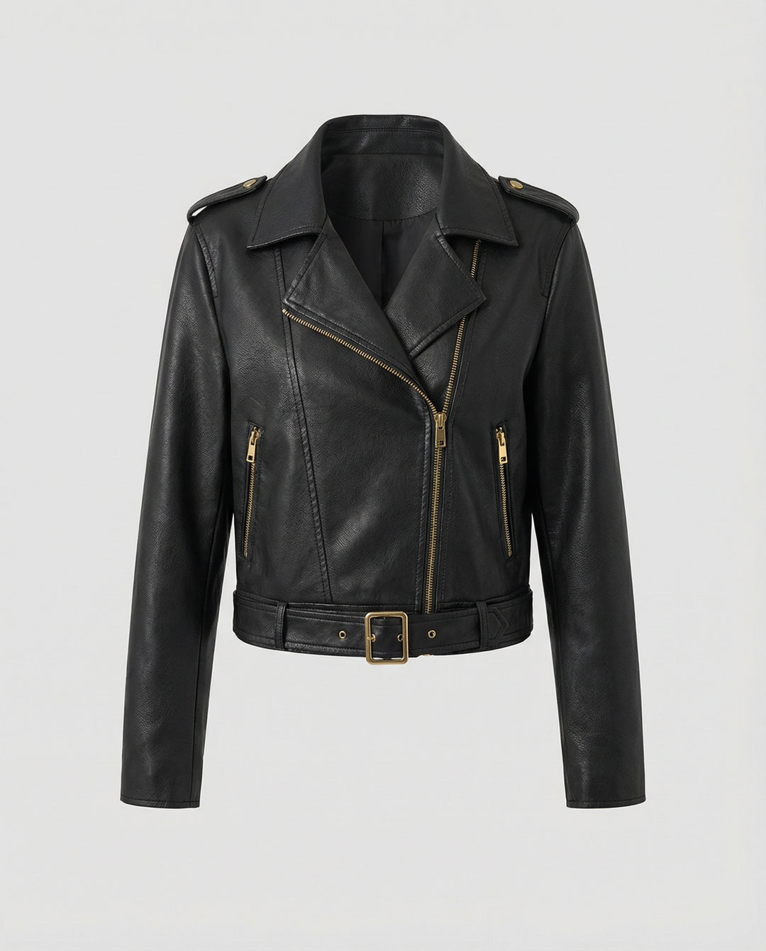 Kurze taillierte Biker-Lederjacke mit Reverskragen und Taillengürtel R&B