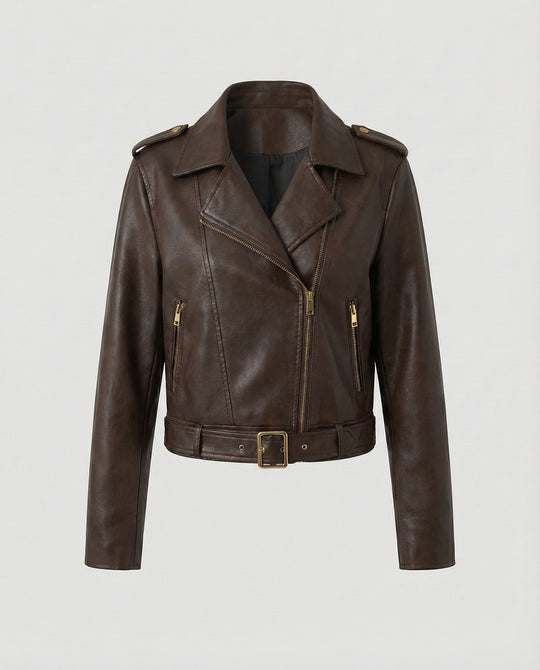 Kurze taillierte Biker-Lederjacke mit Reverskragen und Taillengürtel R&B