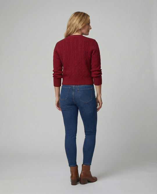 Kurzgeschnittene Zopfmuster-Strickjacke mit Rundhalsausschnitt und Rippenbund R&B