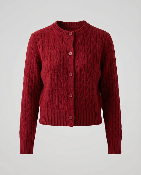 Kurzgeschnittene Zopfmuster-Strickjacke mit Rundhalsausschnitt und Rippenbund R&B