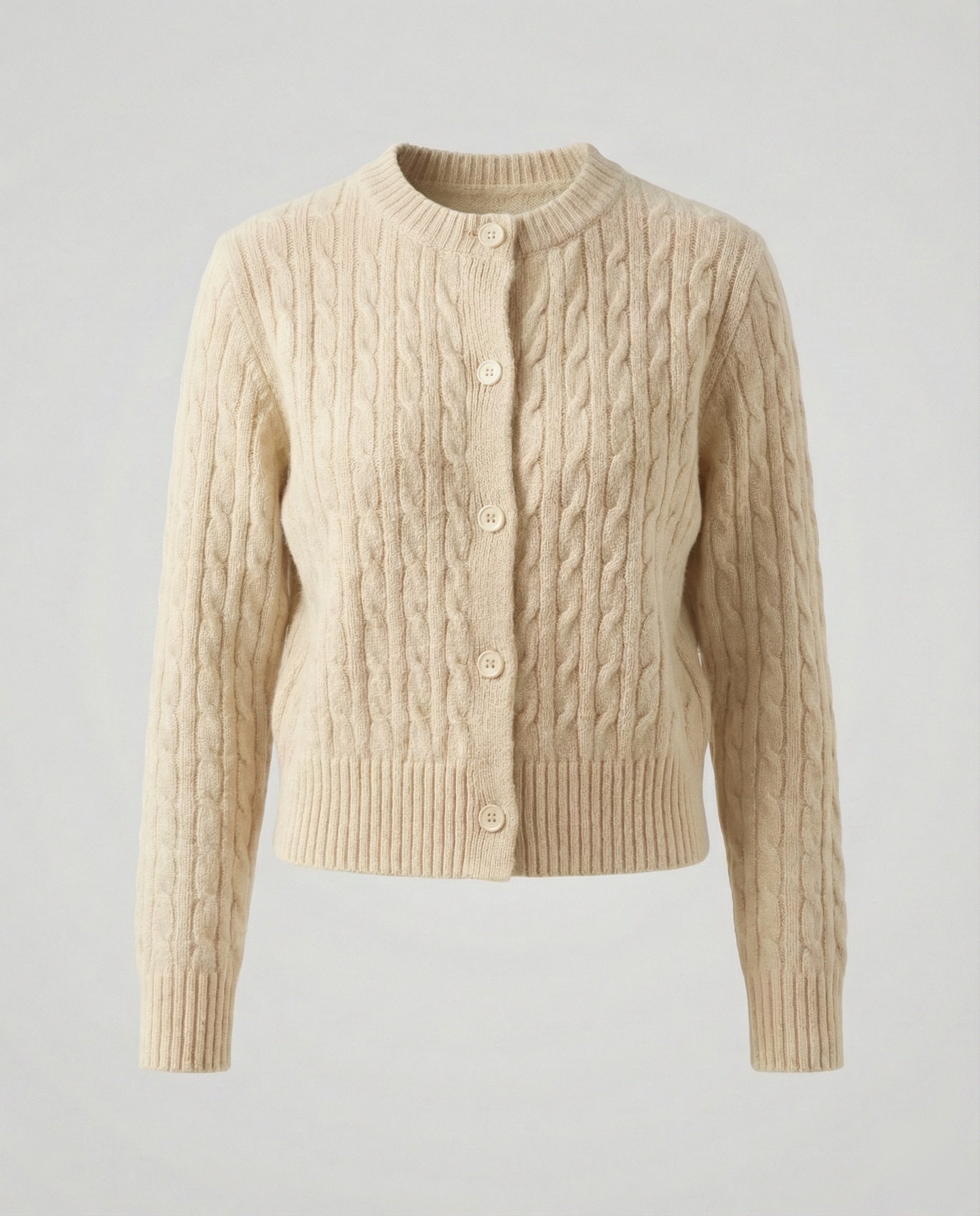 Kurzgeschnittene Zopfmuster-Strickjacke mit Rundhalsausschnitt und Rippenbund R&B