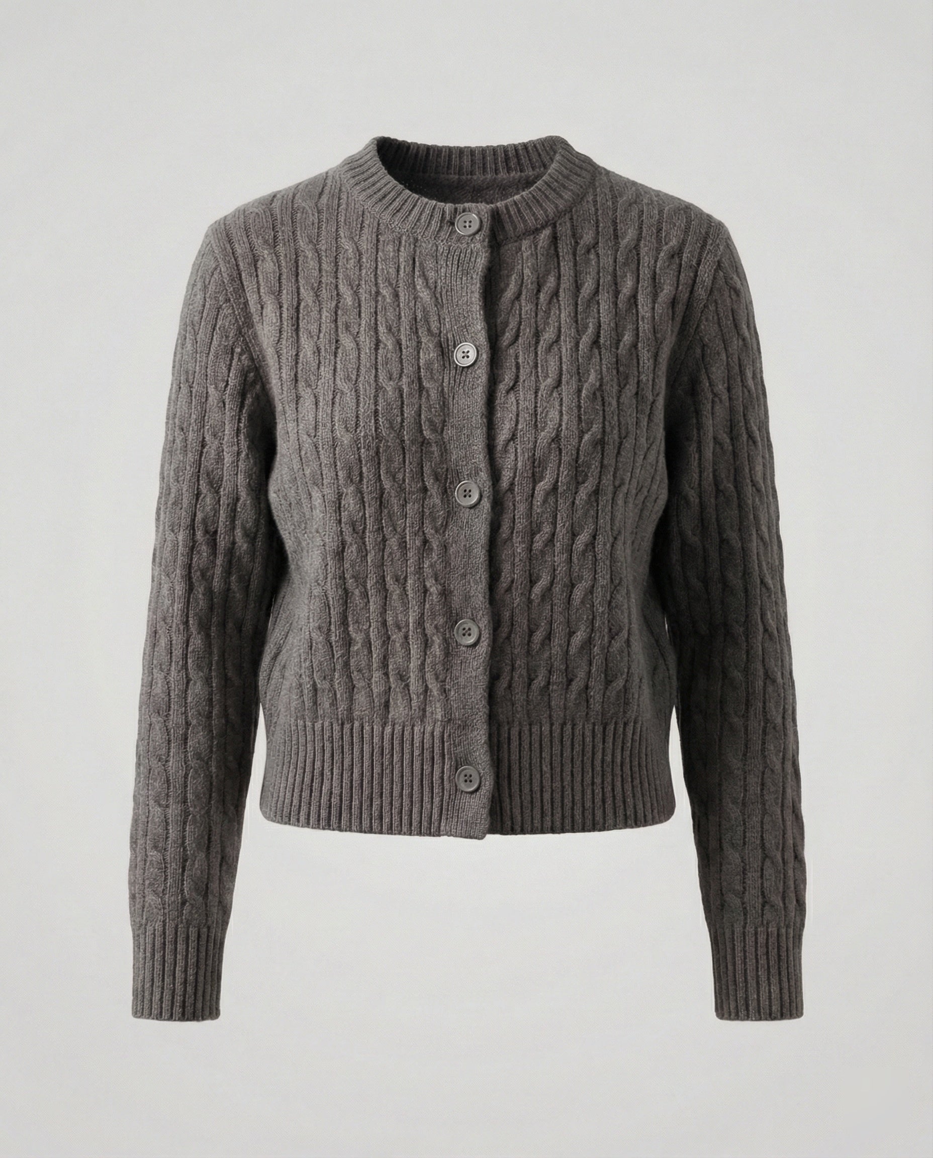 Kurzgeschnittene Zopfmuster-Strickjacke mit Rundhalsausschnitt und Rippenbund R&B