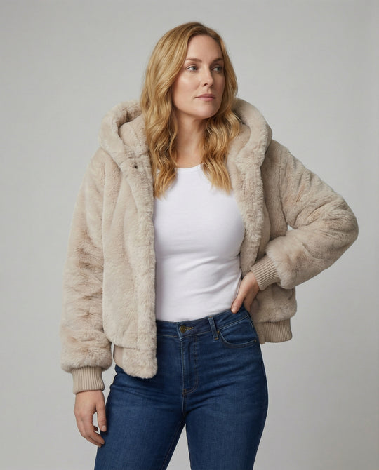 Kuschelige Teddy-Kapuzenjacke mit kastigem Schnitt, kurzem Saum und verdecktem Verschluss R&B