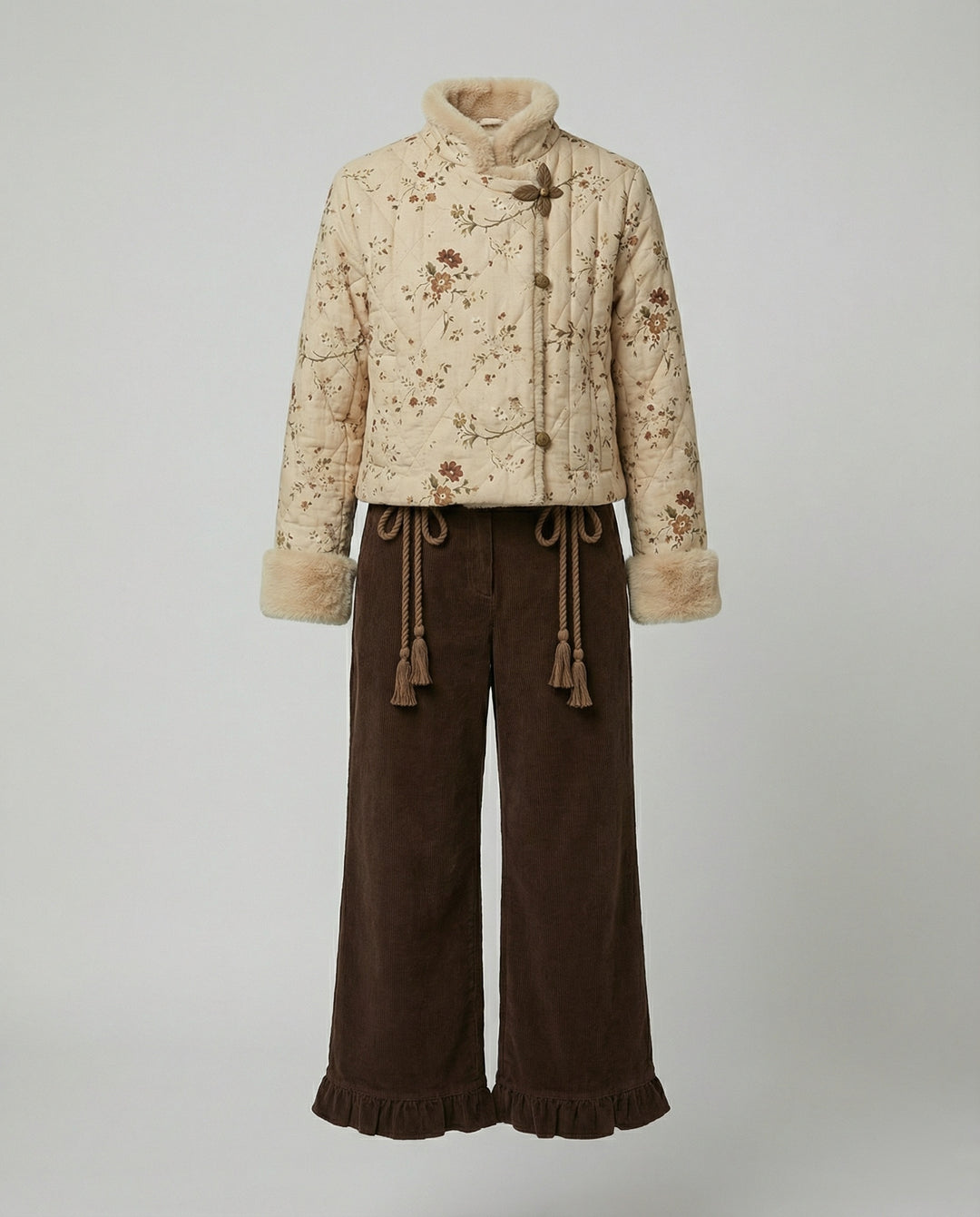 Kuscheliges Winter-Loungewear-Ensemble mit plüschgefütterter Kurzjacke, weiten Kimonoärmeln und fließender Samthose R&B