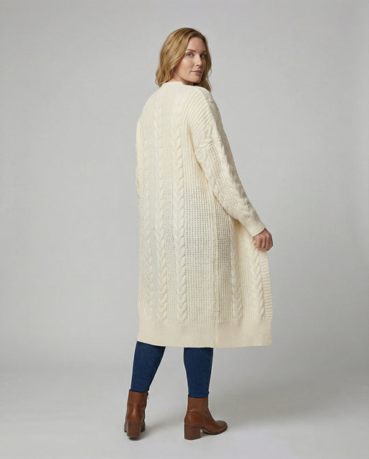 Lange offene Zopfmuster-Strickjacke mit überschnittener Schulter R&B