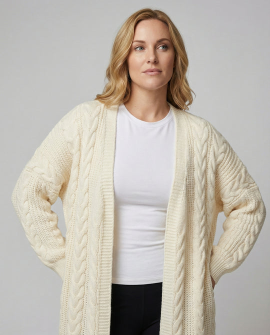 Lange offene Zopfmuster-Strickjacke mit überschnittener Schulter R&B