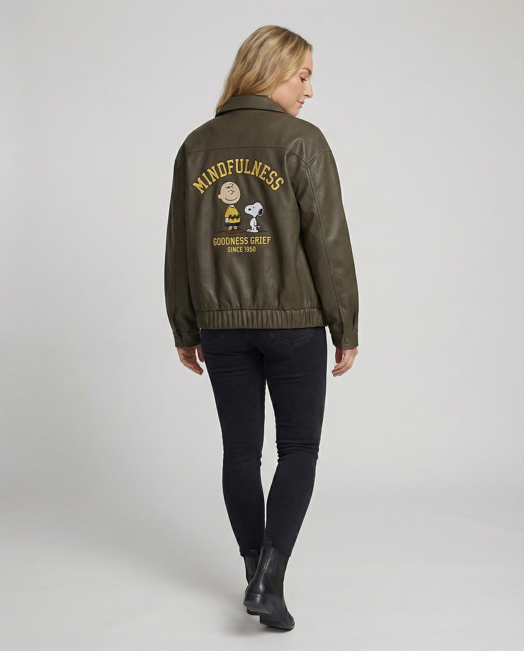Lockere Kunstlederjacke im Bomberstil mit gesticktem Rückenmotiv, Druckknopfverschluss und elastischem Saum R&B