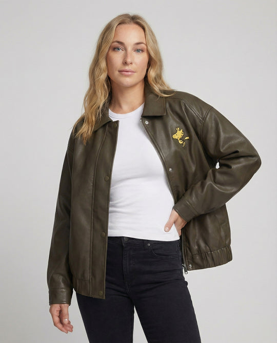 Lockere Kunstlederjacke im Bomberstil mit gesticktem Rückenmotiv, Druckknopfverschluss und elastischem Saum R&B