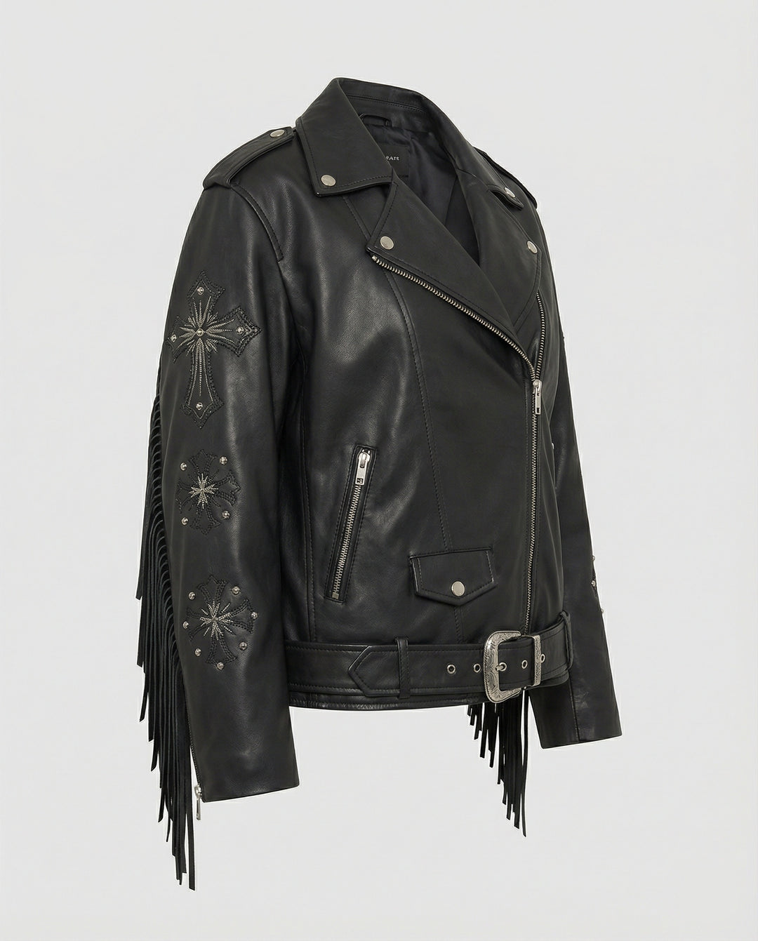 Oversized Kunstleder-Bikerjacke mit Sternnieten, Schnallen und verstellbarem Taillengürtel R&B
