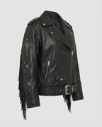 Oversized Kunstleder-Bikerjacke mit Sternnieten, Schnallen und verstellbarem Taillengürtel R&B