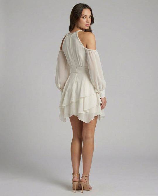 Schulterfreies Chiffon-Minikleid mit Halterhalsausschnitt, Ballonärmeln und gestuftem Volantrock R&B