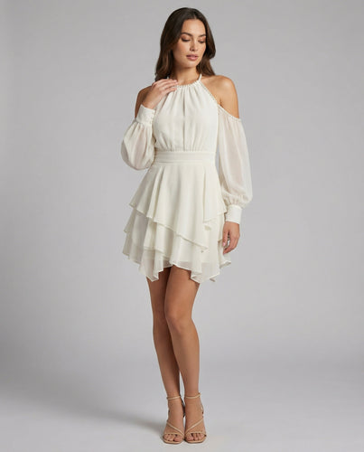 Schulterfreies Chiffon-Minikleid mit Halterhalsausschnitt, Ballonärmeln und gestuftem Volantrock R&B