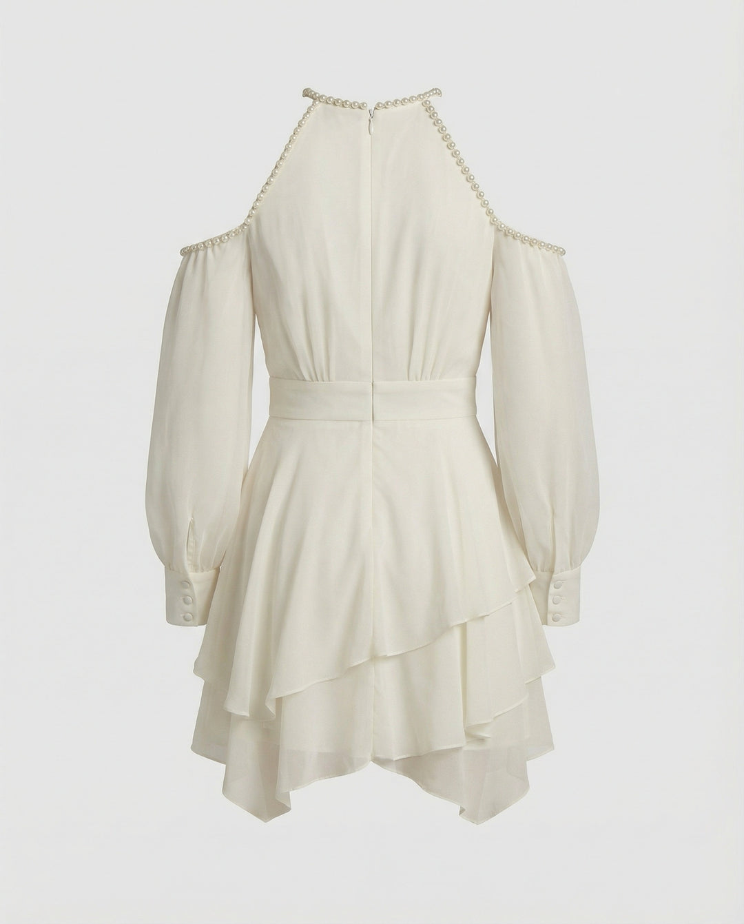 Schulterfreies Chiffon-Minikleid mit Halterhalsausschnitt, Ballonärmeln und gestuftem Volantrock R&B