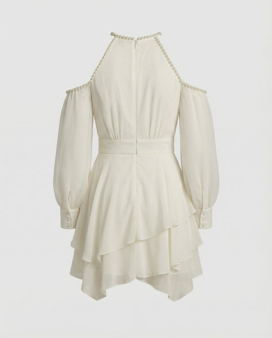 Schulterfreies Chiffon-Minikleid mit Halterhalsausschnitt, Ballonärmeln und gestuftem Volantrock R&B