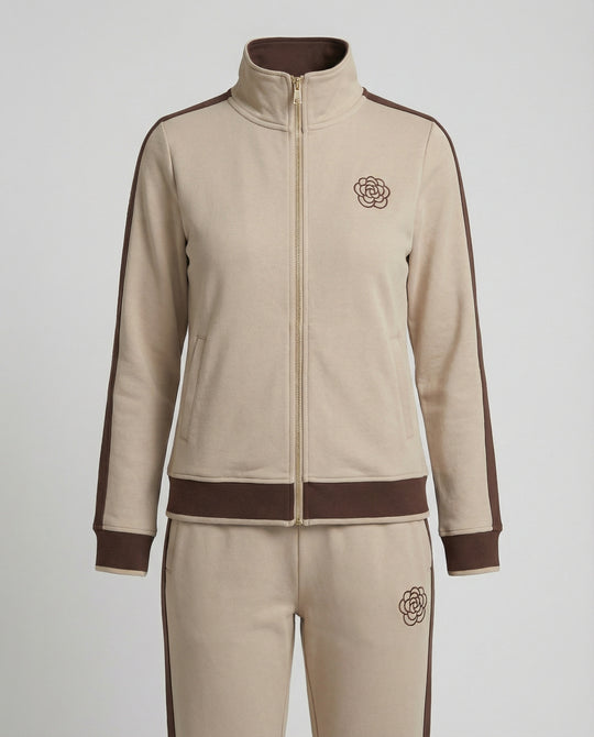 Sportlich-elegantes Freizeitset mit Stehkragen-Reißjacke, kontrastierenden Seitenstreifen und gerader Komforthose R&B