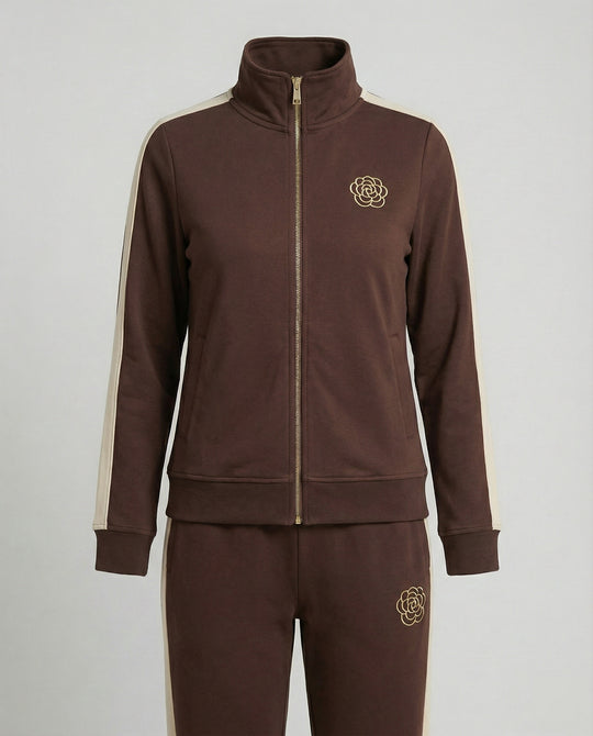 Sportlich-elegantes Freizeitset mit Stehkragen-Reißjacke, kontrastierenden Seitenstreifen und gerader Komforthose R&B