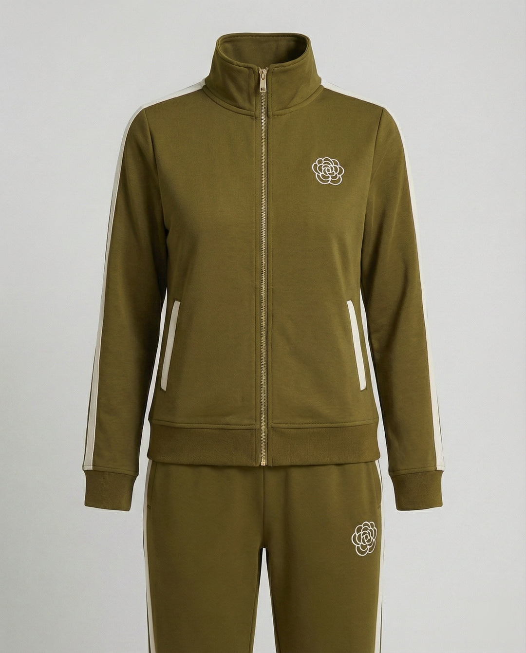 Sportlich-elegantes Freizeitset mit Stehkragen-Reißjacke, kontrastierenden Seitenstreifen und gerader Komforthose R&B
