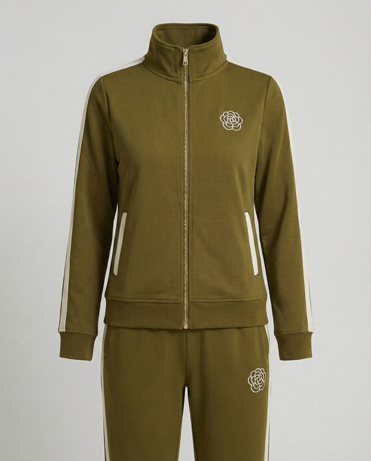 Sportlich-elegantes Freizeitset mit Stehkragen-Reißjacke, kontrastierenden Seitenstreifen und gerader Komforthose R&B