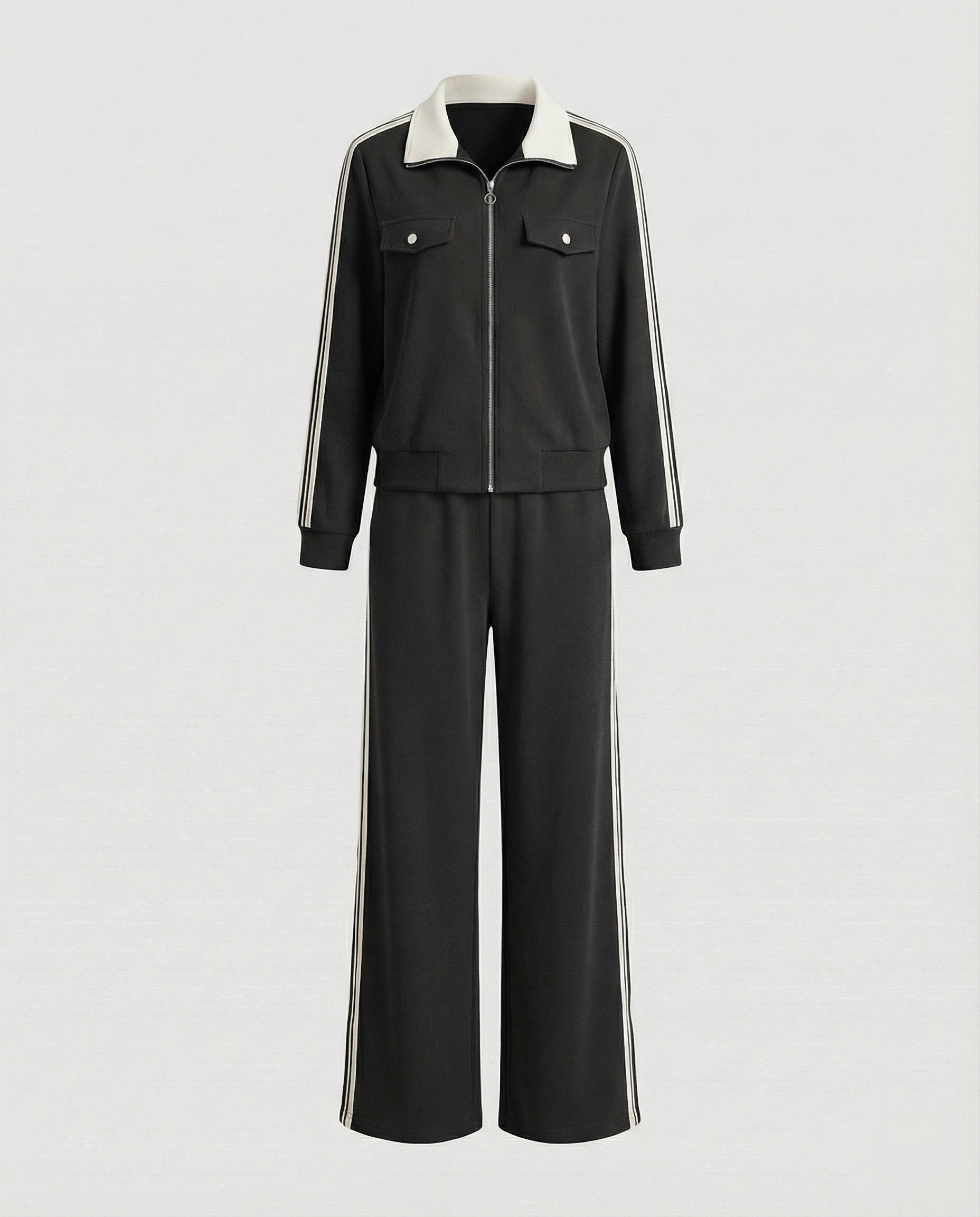 Sportlich-elegantes Strick-Ensemble mit Reißverschlussjacke, Pattentaschen, Kontrastkragen und weitem Hosenbein R&B