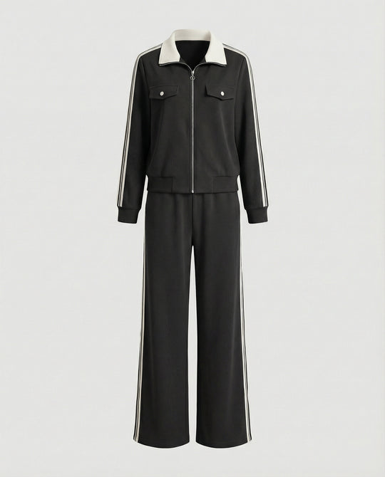 Sportlich-elegantes Strick-Ensemble mit Reißverschlussjacke, Pattentaschen, Kontrastkragen und weitem Hosenbein R&B