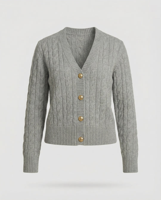 Taillierter Kurzcardigan mit geflochtener Strickstruktur und dekorativen Metallknöpfen R&B