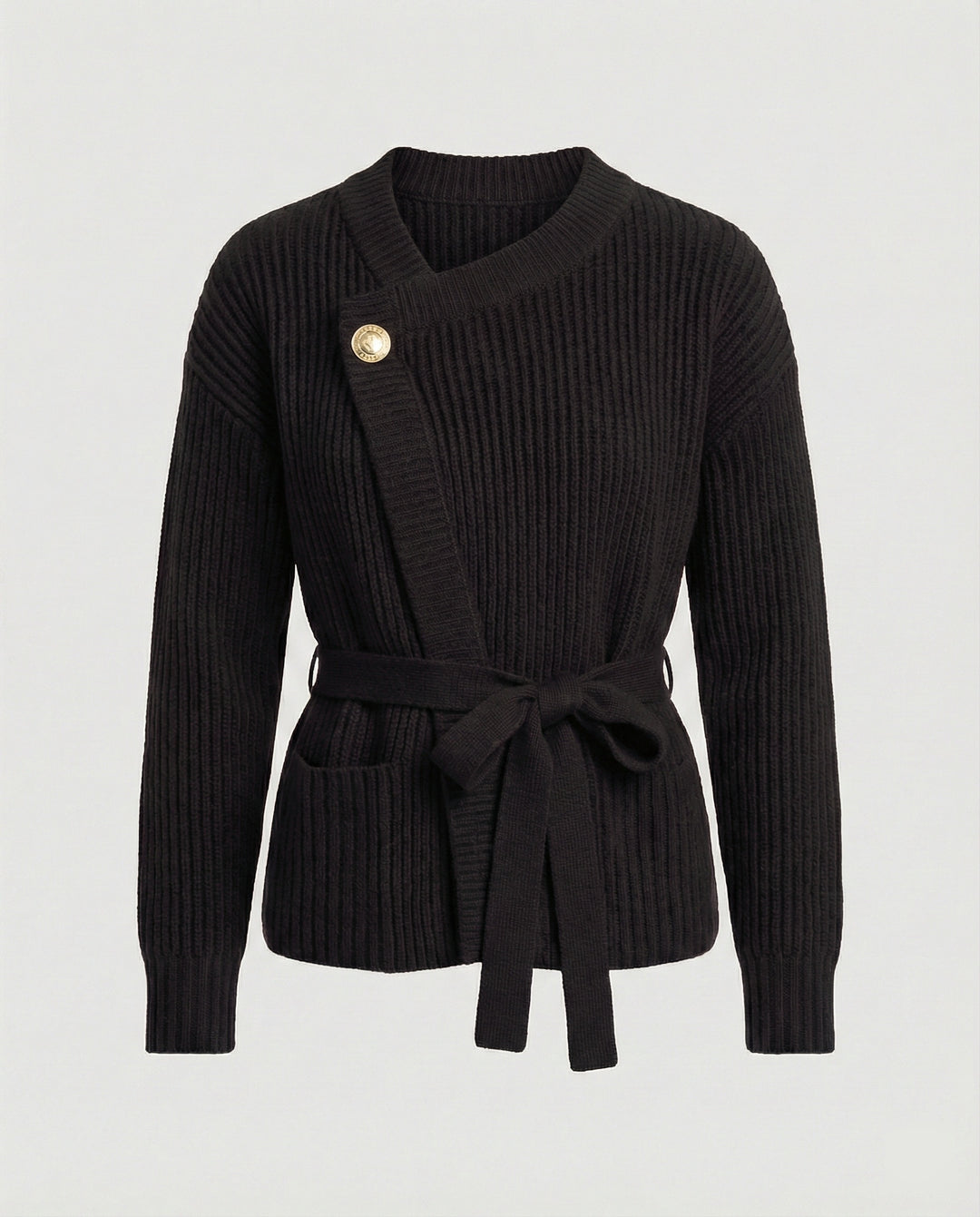 Taillierter Strukturstrick-Cardigan mit Bindegürtel asymmetrischer Knopfleiste und aufgesetzten Taschen R&B