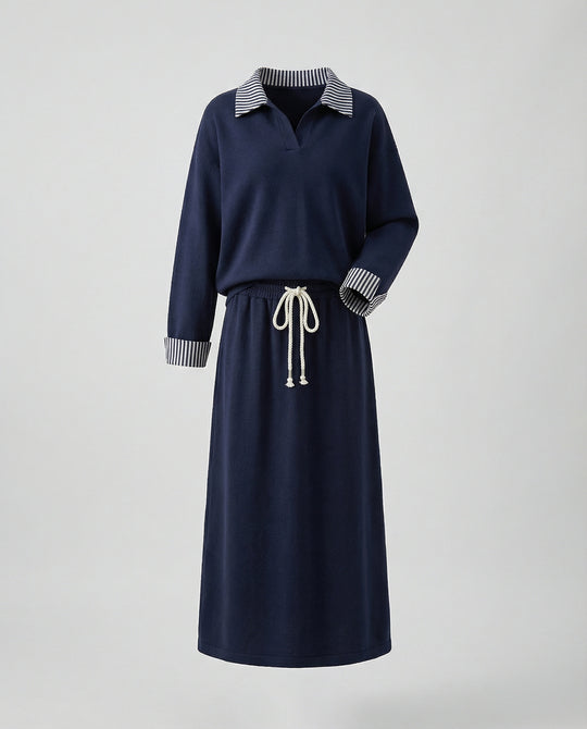 Urbanes Freizeitensemble mit Oversize-Sweatshirt, Streifenkragen und Kordelzug-Midirock R&B
