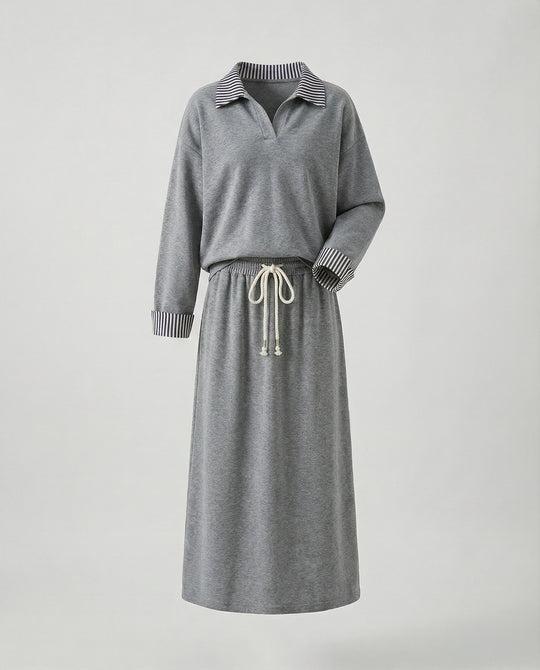 Urbanes Freizeitensemble mit Oversize-Sweatshirt, Streifenkragen und Kordelzug-Midirock R&B
