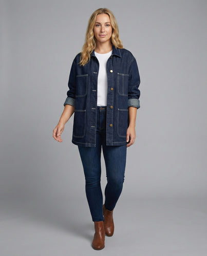 Weit geschnittene Jeansjacke im Mantelstil mit aufgesetzten Taschen R&B