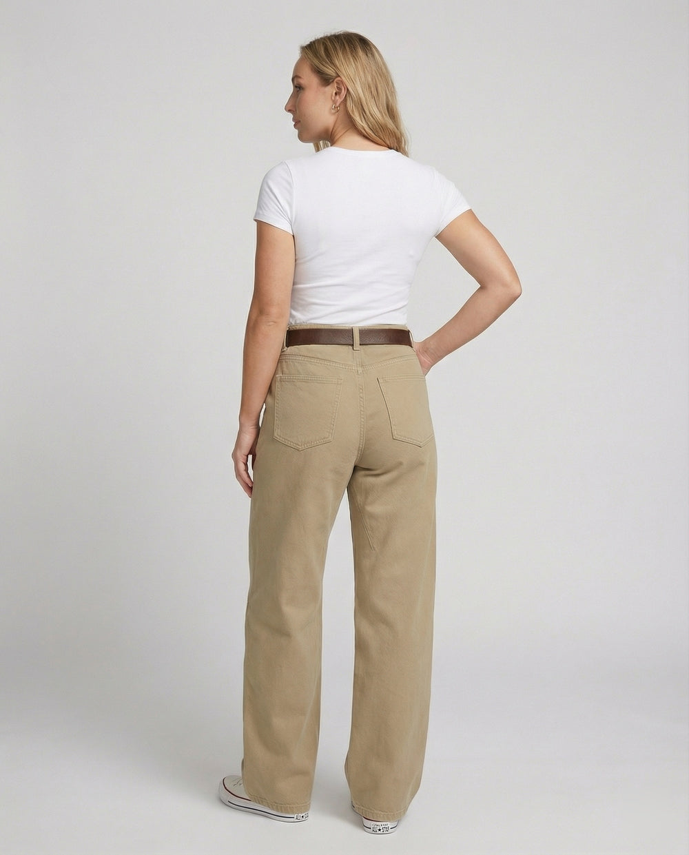 Weit geschnittene hochtaillierte Arbeitslook-Hose mit tiefem Schritt, Teilungsnähten und verstellbarem Saum R&B