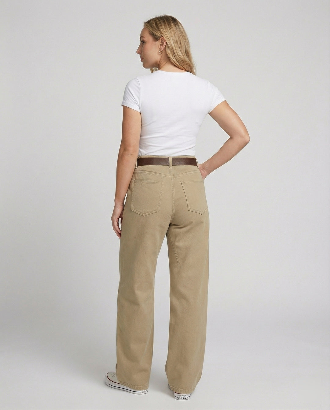 Weit geschnittene hochtaillierte Arbeitslook-Hose mit tiefem Schritt, Teilungsnähten und verstellbarem Saum R&B