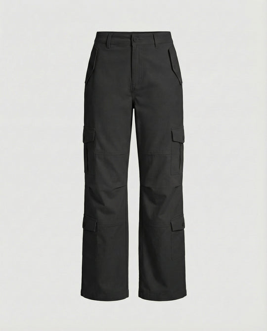 Weit geschnittene hochtaillierte Statement-Hose mit asymmetrischen Paneel-Falten und Zierdruckknöpfen R&B