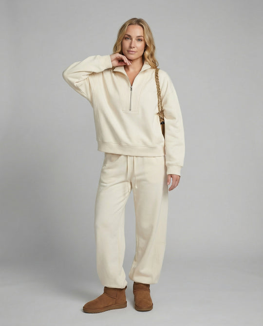Weit geschnittenes Fleece-Freizeitset mit halbem Reißverschluss, Stehkragen und Jogginghose R&B