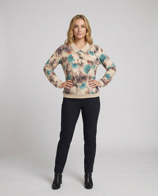 Weit geschnittenes Sweatshirt mit Polokragen und floralem Aquarellprint R&B