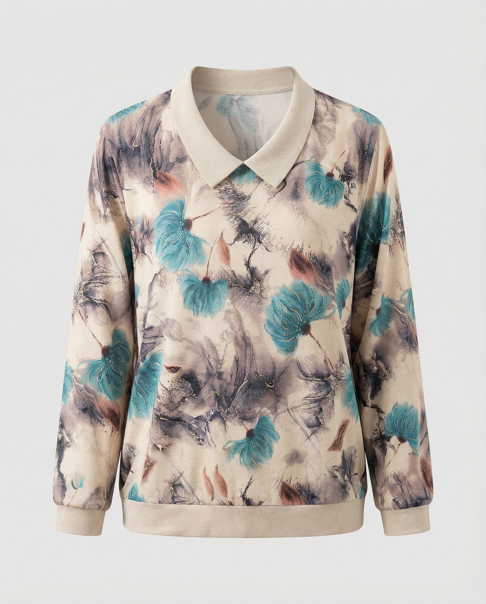 Weit geschnittenes Sweatshirt mit Polokragen und floralem Aquarellprint R&B