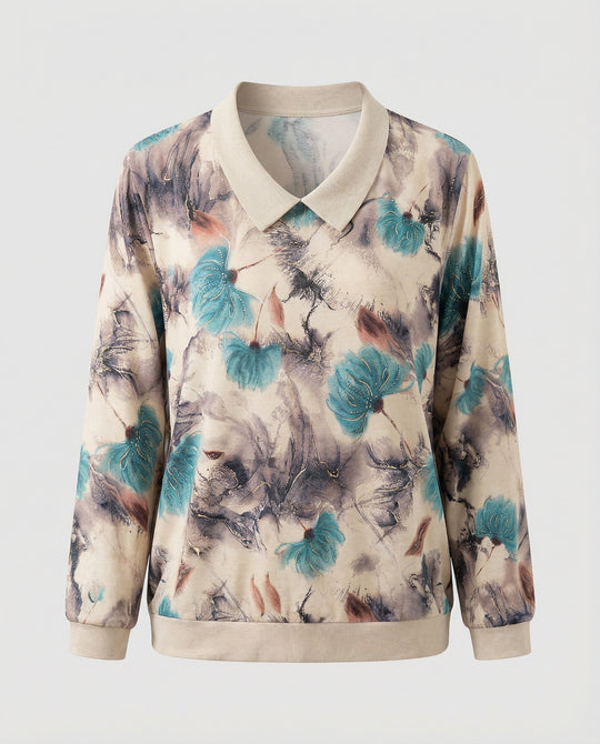 Weit geschnittenes Sweatshirt mit Polokragen und floralem Aquarellprint R&B