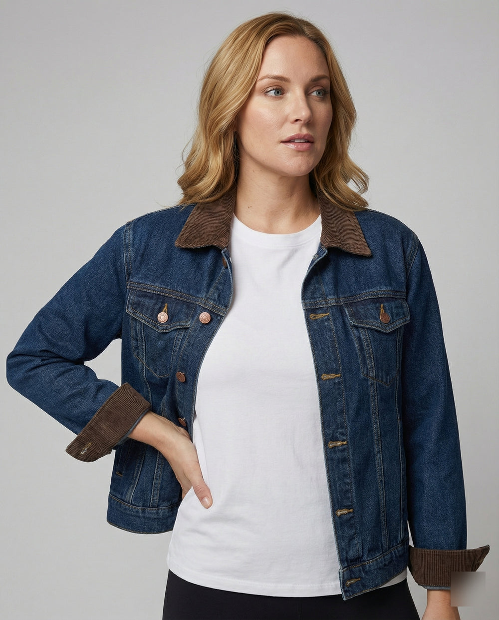 Weite Jeansjacke mit Cordkragen, Druckknopfverschluss und legerer Silhouette R&B