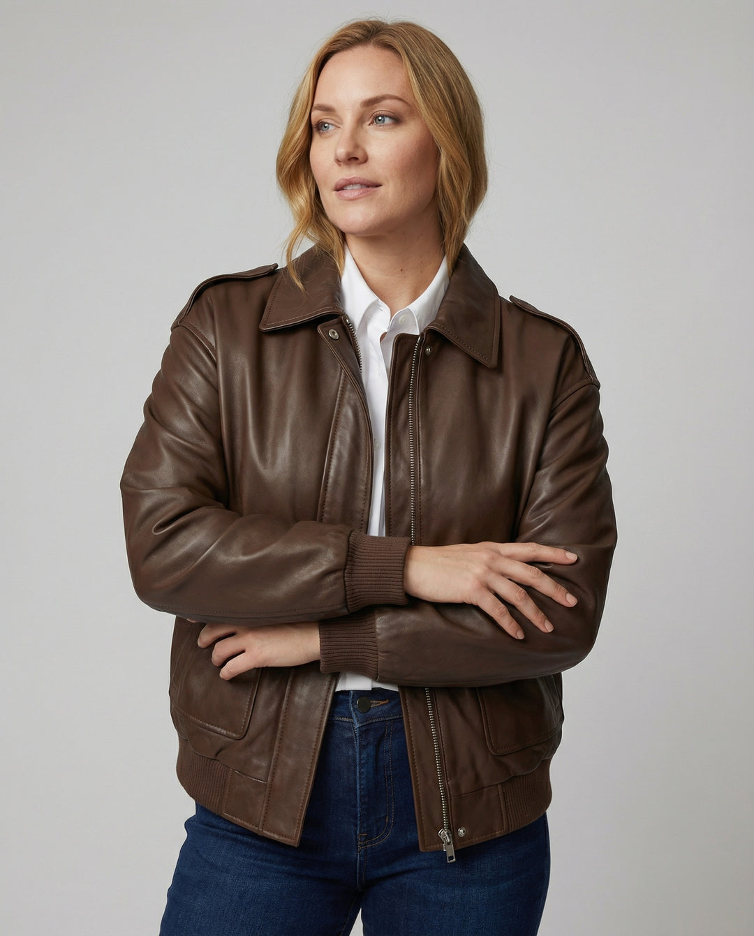 Weite Übergangsjacke im Hemdblouson-Stil aus softem Kunstleder mit verdeckter Reißverschlussleiste R&B