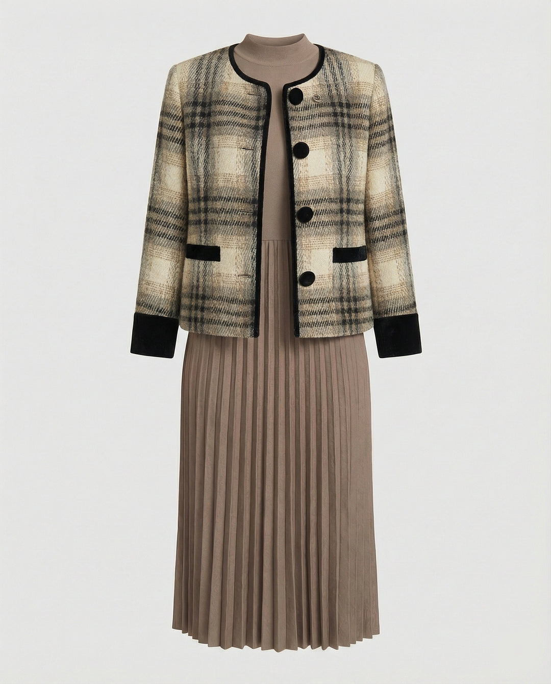 Zweiteiliges Ensemble Boucléjacke mit Rundhalsausschnitt und plissiertem Midikleid