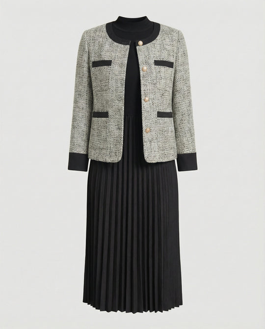 Zweiteiliges Ensemble Boucléjacke mit Rundhalsausschnitt und plissiertem Midikleid