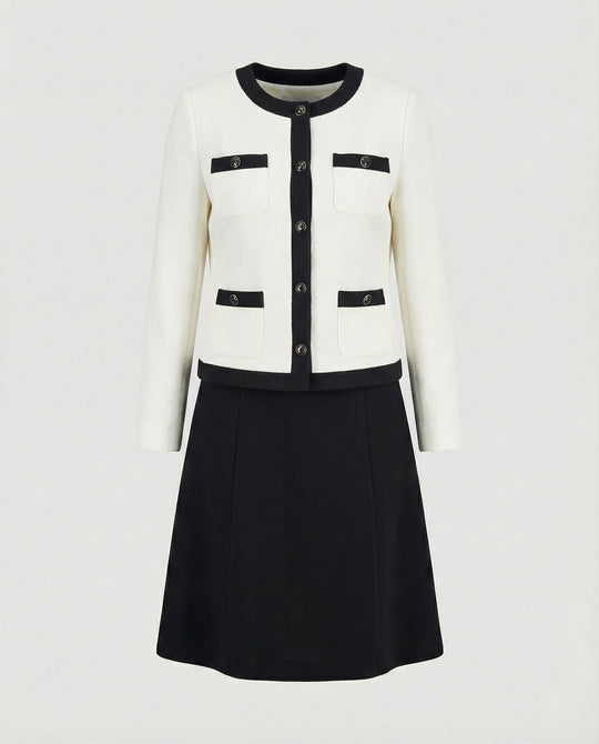 Zweiteiliges Kleid aus ärmellosem Etuikleid und Boucléjacke R&B