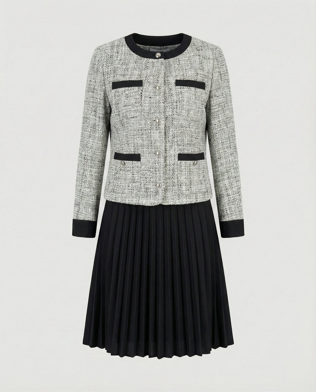 Zweiteiliges Kleid aus ärmellosem Etuikleid und Boucléjacke R&B