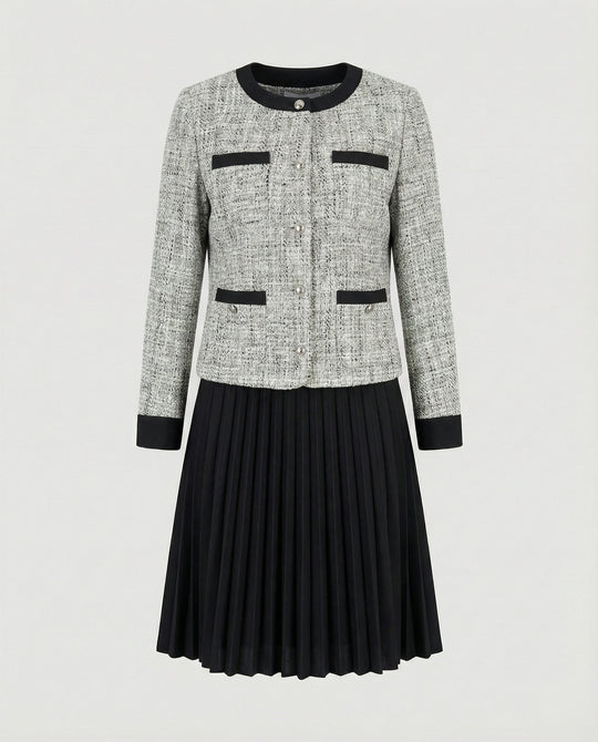 Zweiteiliges Kleid aus ärmellosem Etuikleid und Boucléjacke R&B