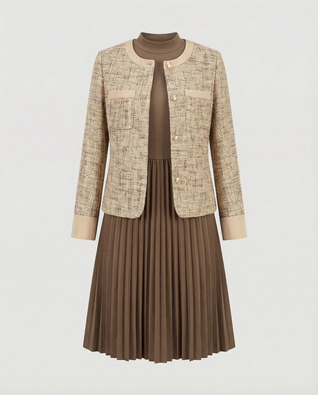 Zweiteiliges Kleid aus ärmellosem Etuikleid und Boucléjacke R&B