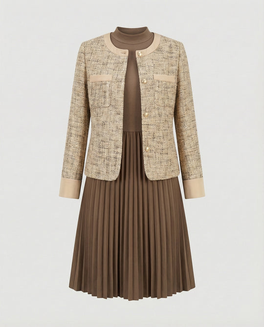 Zweiteiliges Kleid aus ärmellosem Etuikleid und Boucléjacke R&B
