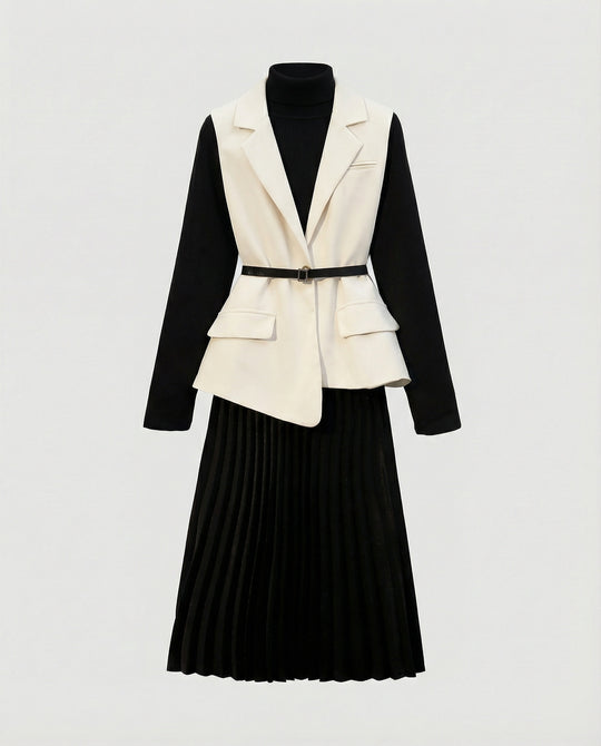 Zweiteiliges Kleid aus ärmellosem Etuikleid und Boucléjacke R&B