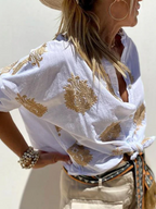 R&B | mit Knopfleiste Boho Stil Lockere Passform Langarm Shirt Damen Leinenhemd